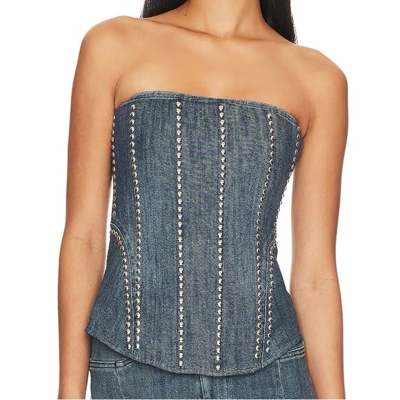 NWT Miaou Libra Stud Denim Jean Cotton Strapless Corset Bustier Top Duran Silver - Picture 2 of 10